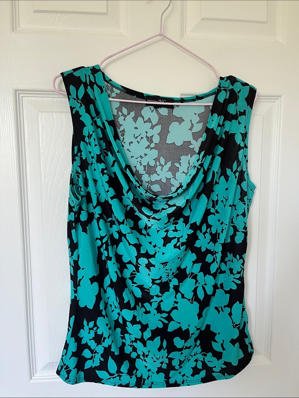 INC International Concepts Teal and Black Floral Drape-Neck Tank